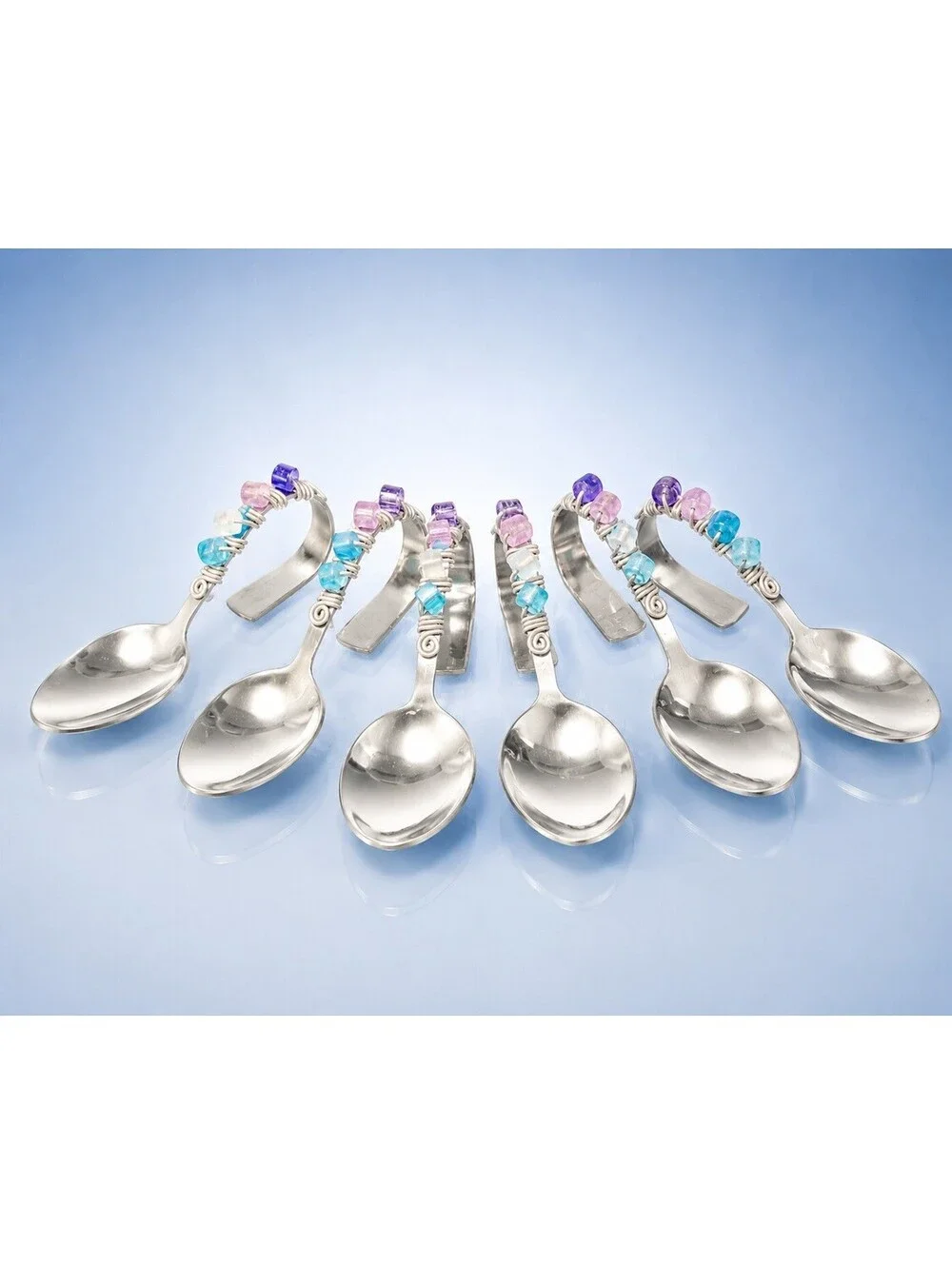 Artisan Vintage 1990s 6 Bent Stainless Steel Appetizer Spoons Lucite Beads, 5.5”